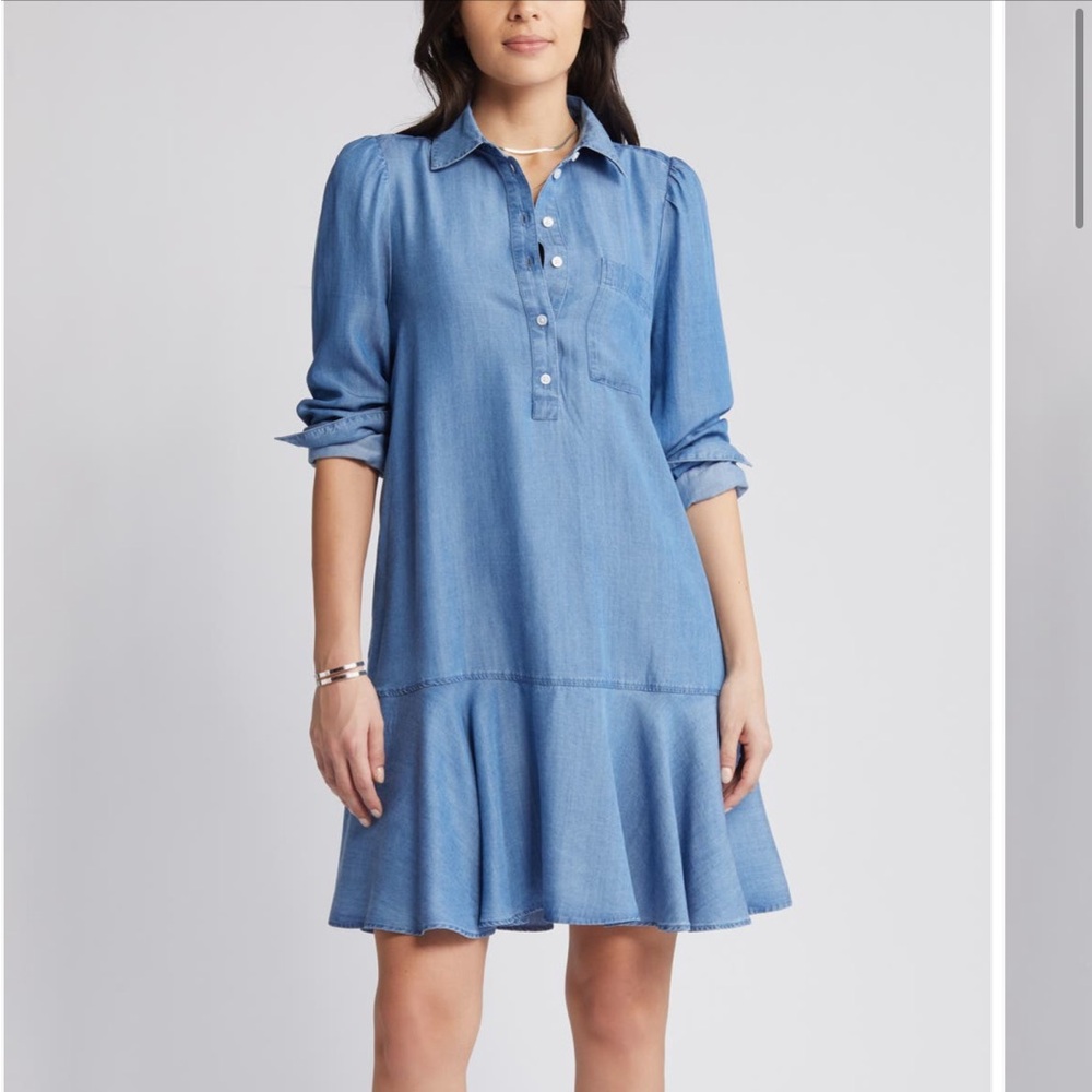 Caslon Long Sleeve Flounce Hem Blue Denim Dress